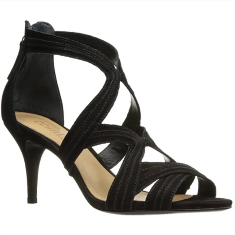Schutz Cayenne Black Suede Stiletto Heel Pump Ankle Strap Dtress Shoe Sandals 10